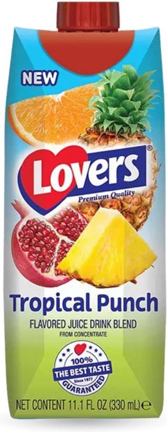 Foto: Lovers juice tropical punch pakjes 33cl tray 12 stuks