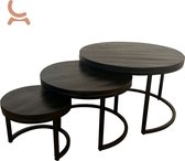 Combi Meubels - Salontafel Romy - Set van 3 - Mangohout - Zwart - Rond