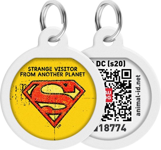 WAUDOG Superman Vintage QR Pet Tag / Hondenpenning - Stainless steel - 25 mm - Geel-Rood - Gratis App - WAUDOG