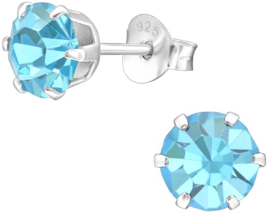 Joy|S - Zilveren oorknoppen - rond 6 mm - aqua blauw kristal - oorbellen