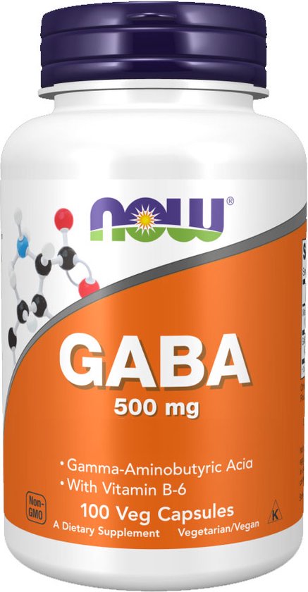 Witte fles met paars deksel. Grote tekst "GABA 500 mg" en "Non-GMO". Molecuulafbeelding aan de linkerkant.