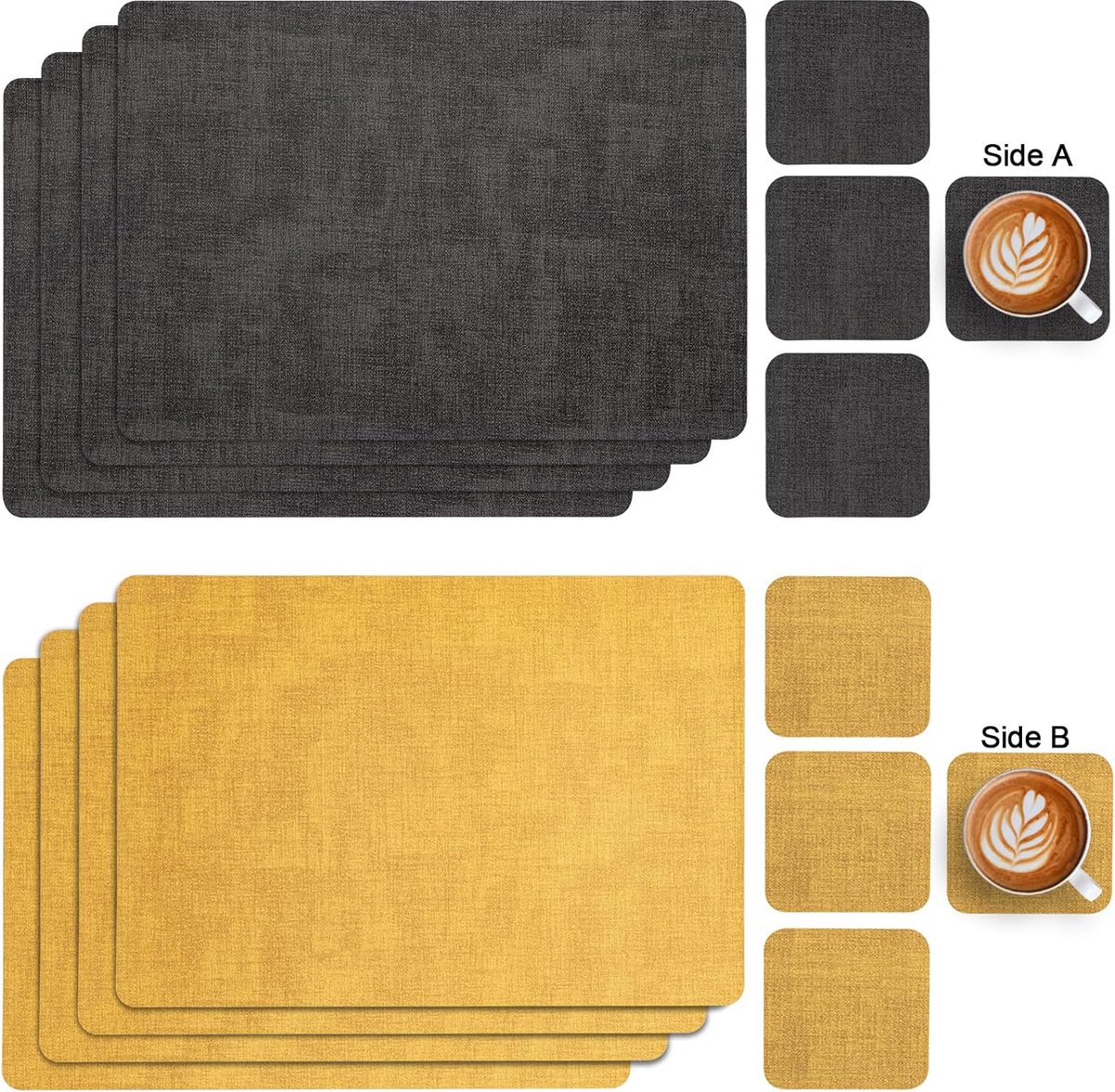 YIHELU® Placemats, afwasbaar en onderzetters, leren placemats, afwasbaar, dubbelzijdig bedrukt, kunstleer, vuilafstotend en antislip (blauw/geel, set van 6