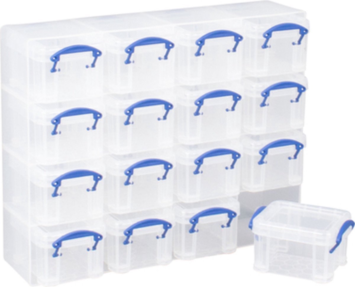 Really Useful Box muurkubus met 16 opbergdozen van 0,3 liter, transparant