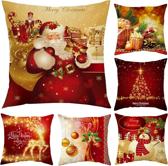Set de 6 housses de coussin de Noël, rouge et or, housse de coussin  décorative de... | bol