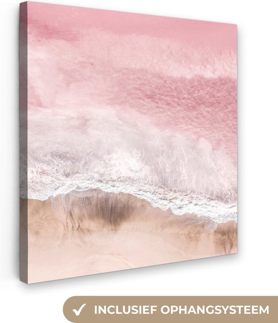 Canvas Schilderij Zee - Strand - Roze - Natuur - 20x20 cm - Wanddecoratie