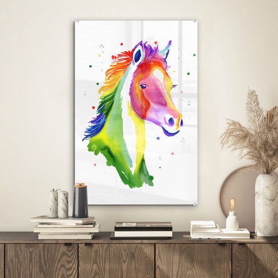 MuchoWow® Peinture sur verre 40x60 cm - Peinture sur verre acrylique - Cheval - Arc-en-ciel - Wit - Filles - Enfants - Meiden - Photo sur verre - Peintures