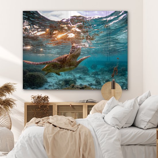 MuchoWow® Peinture sur Verre - Mer - Tortue - Couleurs - 160x120 cm - Peintures Acrylique - Photo sur Glas