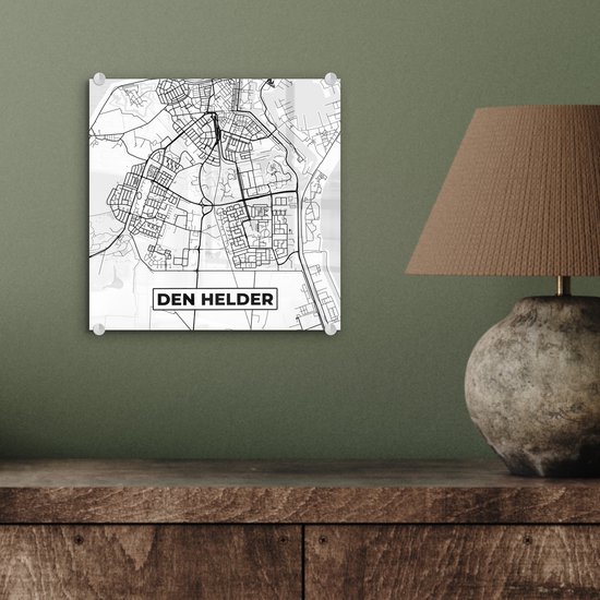 MuchoWow® Glasschilderij 20x20 cm - Schilderij acrylglas - Kaart - Den Helder - Zwart - Wit - Foto op glas - Schilderijen