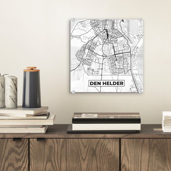 MuchoWow® Glasschilderij 20x20 cm - Schilderij acrylglas - Kaart - Den Helder - Zwart - Wit - Foto op glas - Schilderijen