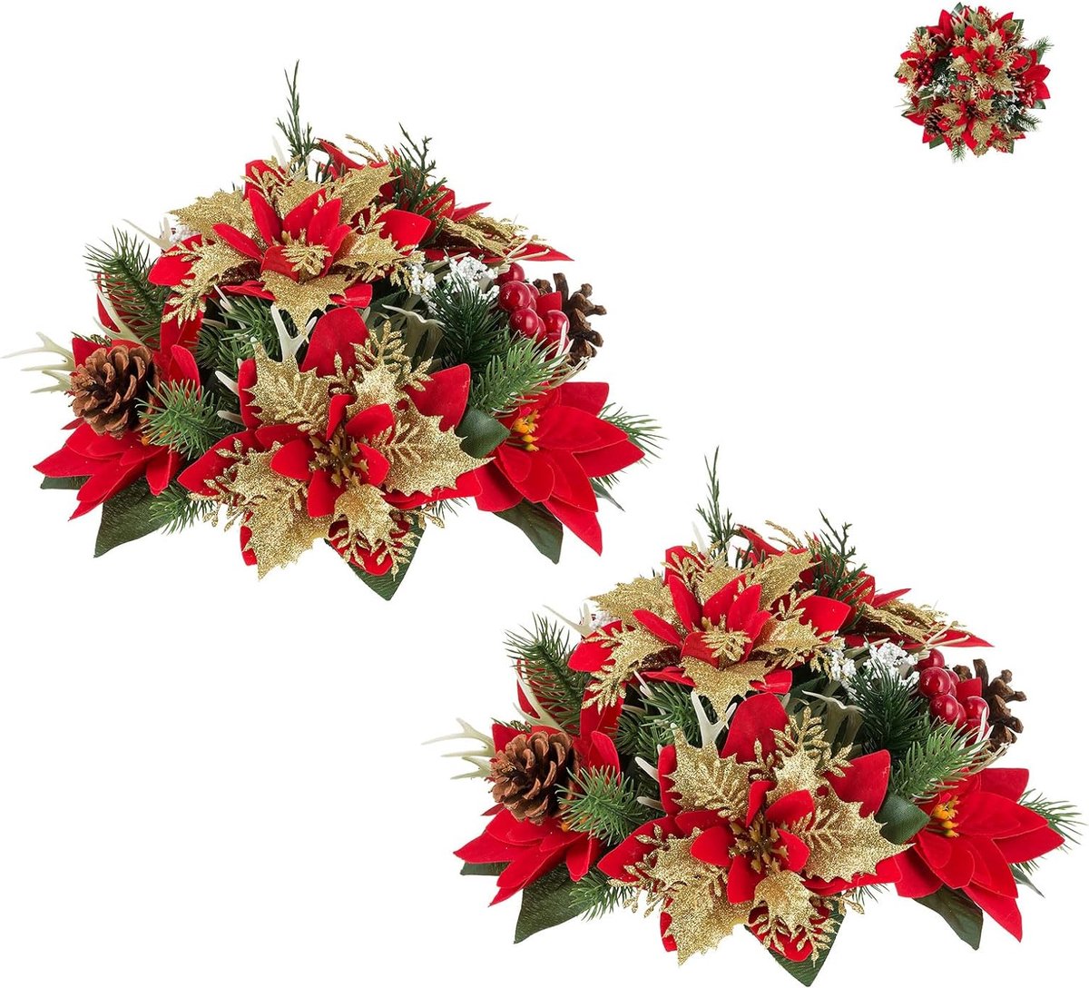 Kerst kunstbloemen kerstster bloemen tafeldecoratie: Blosmon 2 stuks gouden rood kerst kunstbloemen ballen voor tafel decoratie kerstbloemen kunst woonkamer kerstboom feestdecoratie
