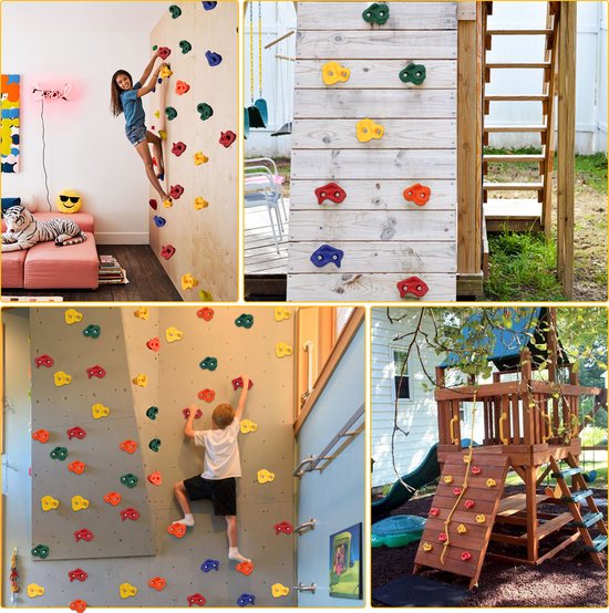 Collage van kinderen die klimmen op verschillende klimwanden buiten en binnen met kleurrijke grepen.