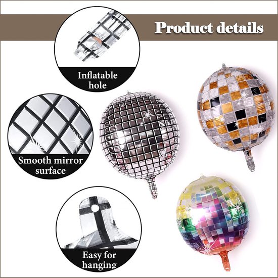 Huahuanghui 12 stuks discobalballonnen, 55 cm, 4D discobol, folieballonnen, heliumballonnen, feestdecoratie, discodecoratie, jaren 70, 80, retro gordijn, feestdecoratie voor disco, themafeest