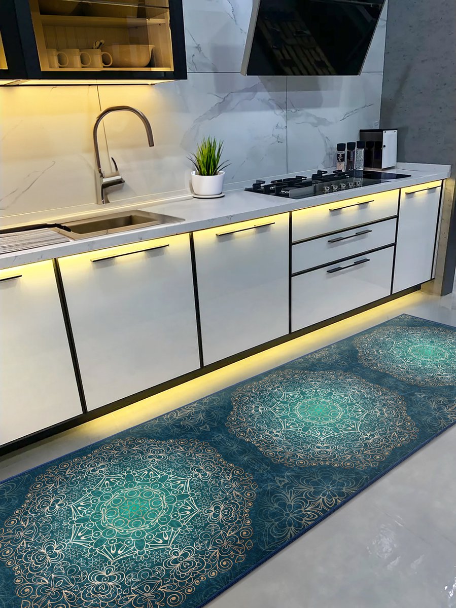 De Groen Home Vloerkleed 65x180cm - HARMONIE COLLECTIE Mandala Edition - Deurmat binnen - Keukenloper - Laagpolig Zacht Tapijt - Halloper - Wasbaar Antislip - Gold Mandala