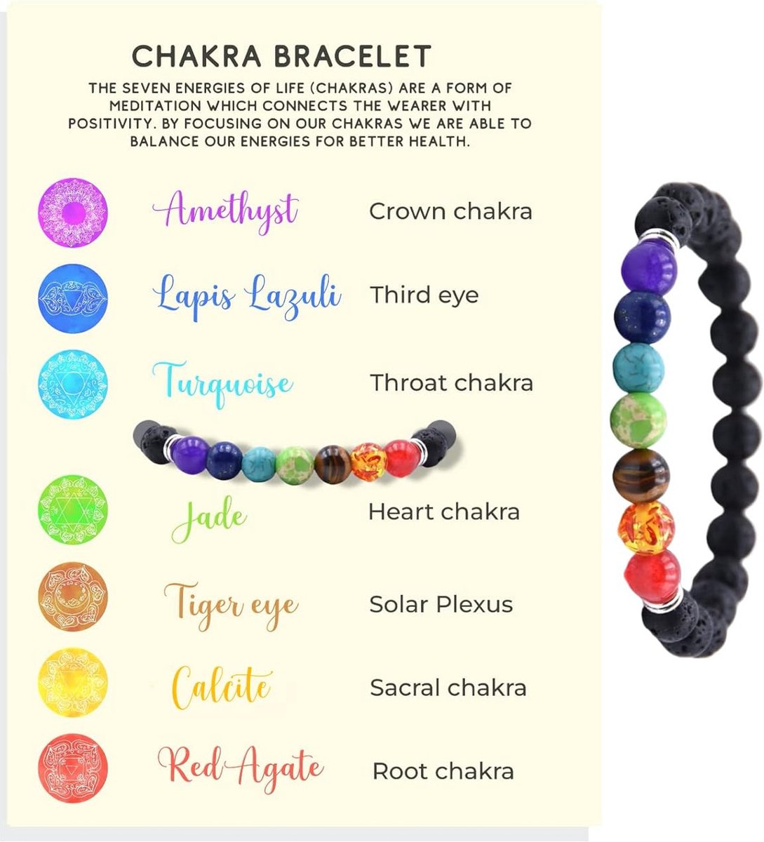 7 Chakra armband met echt natuursteen kristal kralen, tijgeroog, amethyst, jade, Rose Quartz, 6 mm kralen, Lava stenen Aromatherapie