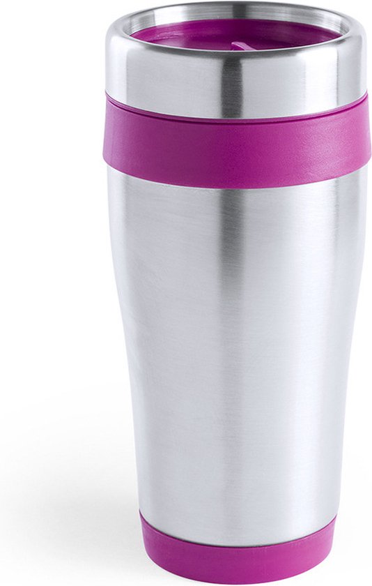 Warmhoudbeker/thermos isoleer koffiebeker/mok - RVS - zilver/roze - 450 ml - Reisbeker