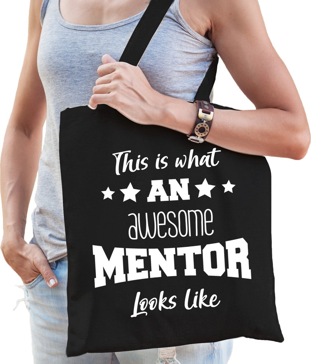 Bellatio Decorations cadeau tas voor mentor - katoen - 42 x 38 cm - zwart - geweldige mentor