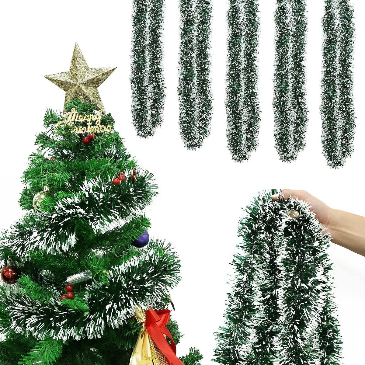 Kerstslinger, 6 x 2 m, groene dennenslinger, kerstdecoratie, lametta, kerstboom, slinger, hangende decoratie voor muur, deur, raam, open haarden, trapleuningen
