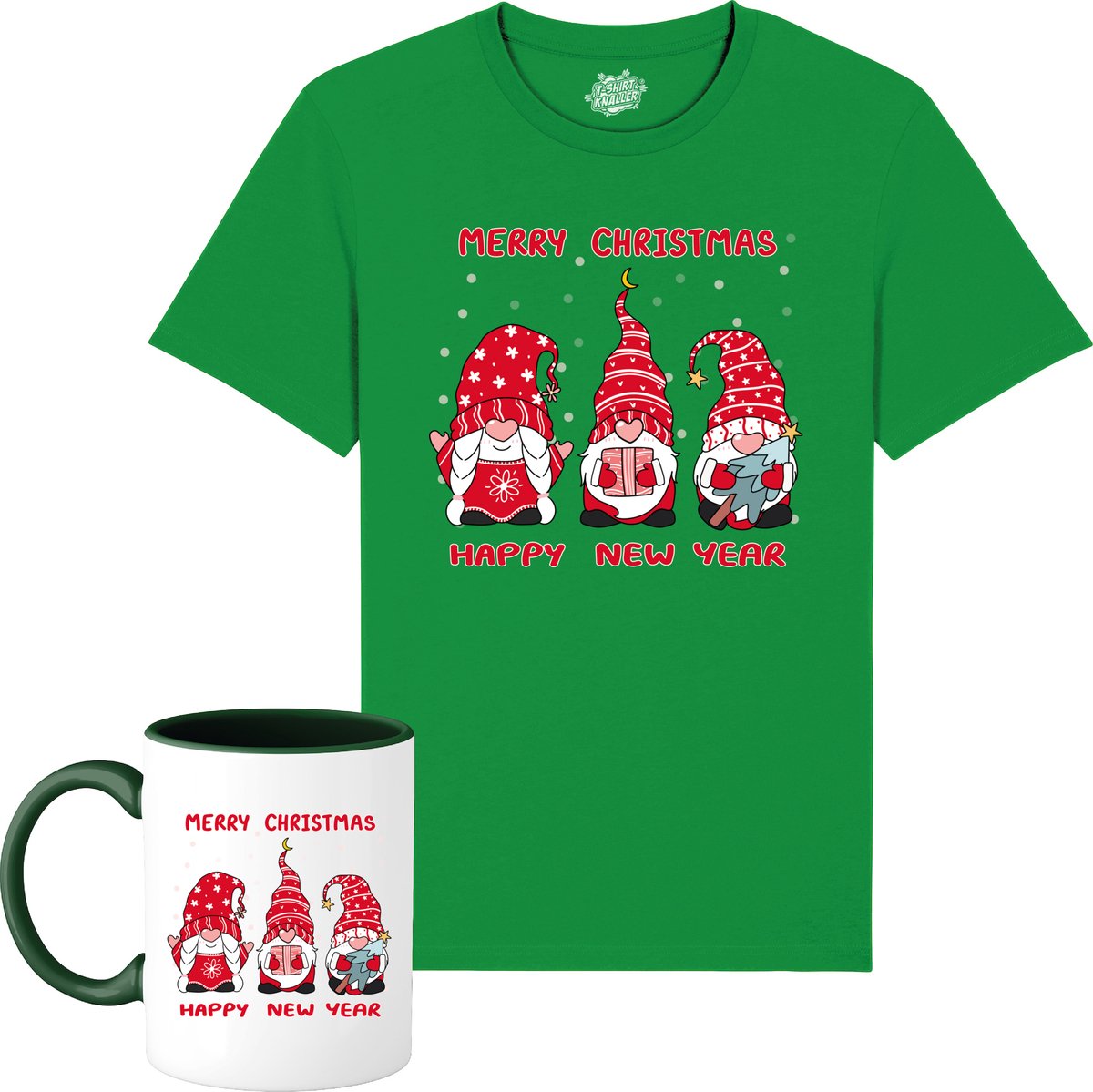 Christmas Gnomies - Foute kersttrui kerstcadeau - Dames / Heren / Unisex Kleding - Grappige Kerst Outfit - T-Shirt met mok - Unisex - Kelly Groen - Maat 3XL