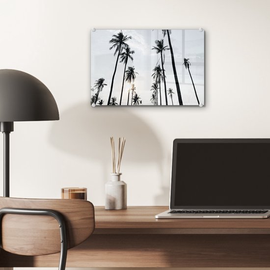 MuchoWow® Glasschilderij 30x20 cm - Schilderij acrylglas - Palmbomen - Zomer - Tropisch - Foto op glas - Schilderijen