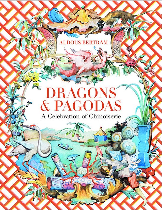 Boek "Dragons & Pagodas: A Celebration of Chinoiserie" met illustraties van draken, pagodes, kraanvogels en chinoiserie-motieven op een rood-witte achtergrond.