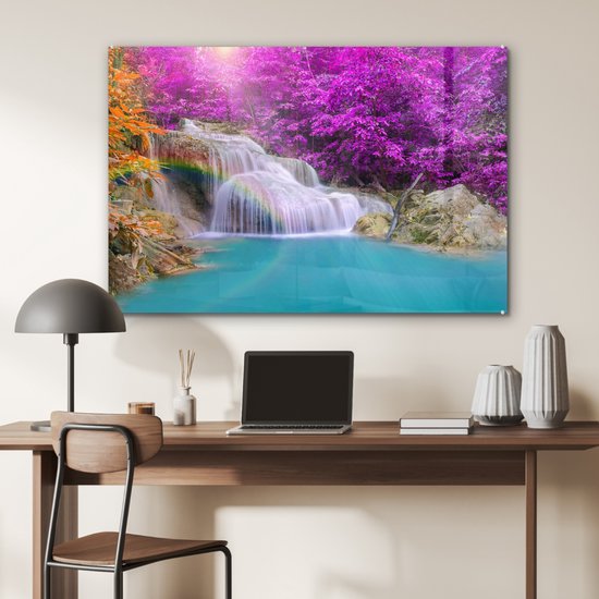 MuchoWow® Peinture sur verre 120x80 cm - Peinture sur verre acrylique - Cascade - Arbres - Arc-en-ciel - Violet - Photo sur verre - Peintures