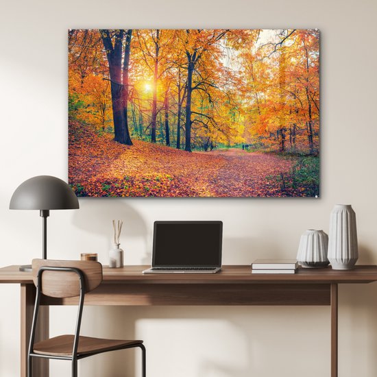 MuchoWow® Glasschilderij 90x60 cm - Schilderij acrylglas - Bomen - Herfst - Bos - Herfstbladeren - Foto op glas - Schilderijen