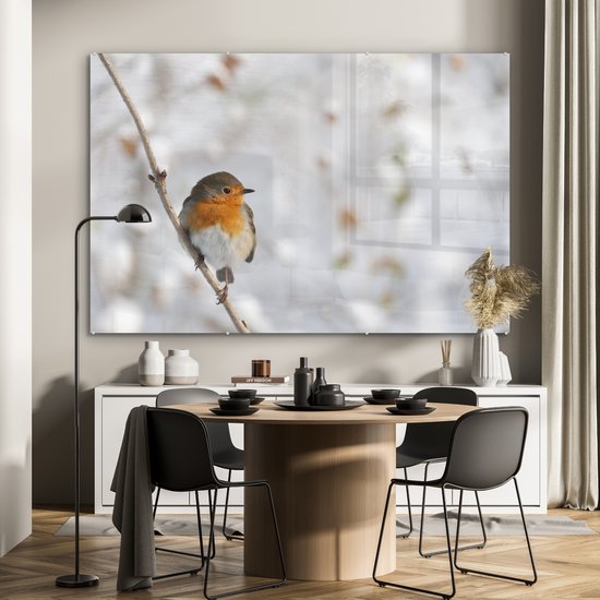 Robin sur une fine branche en hiver Plexiglas 180x120 cm - Tirage photo sur Glas (décoration murale plexiglas) XXL / Groot format!