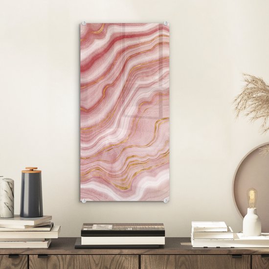 ® Glasschilderij 20x40 cm - Schilderij acrylglas - Marmer - Rood - Wit - Foto op glas - Muurdecoratie woonkamer - Wanddecoratie slaapkamer - Schilderijen