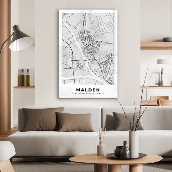 MuchoWow® Peinture sur Verre - Malden - Carte - Carte de la Ville - Carte - Nederland - Zwart Wit - 80x120 cm - Peintures sur Verre Acrylique - Photo sur Glas