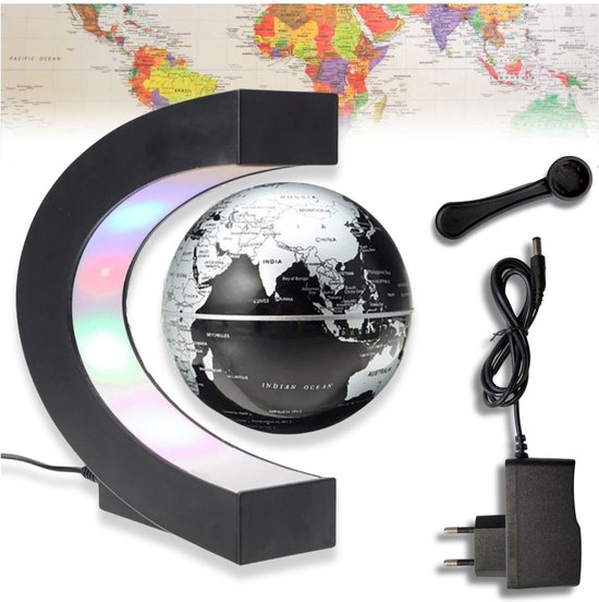 Zwevende wereldbol - magnetisch - LED - 17,5 cm - zwart RGB