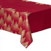 Tafelkleed Rood / Goud bedrukte kunstboom 140x360, b x l, Rood tafelkleed met gouden hotstamp dennenboom print materiaal polyester