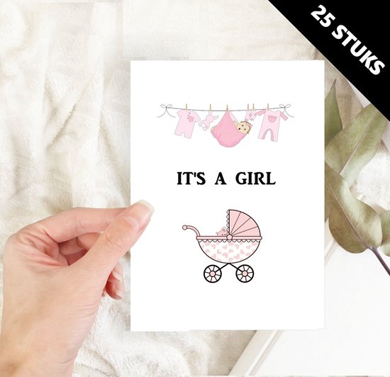Baby geboorte kaarten ansichtkaarten kinderwagen meisje roze - 25 stuks A6 formaat enkele kaart excl. envelop - particulieren bedrijven cadeau wenskaarten geboortebedankjes