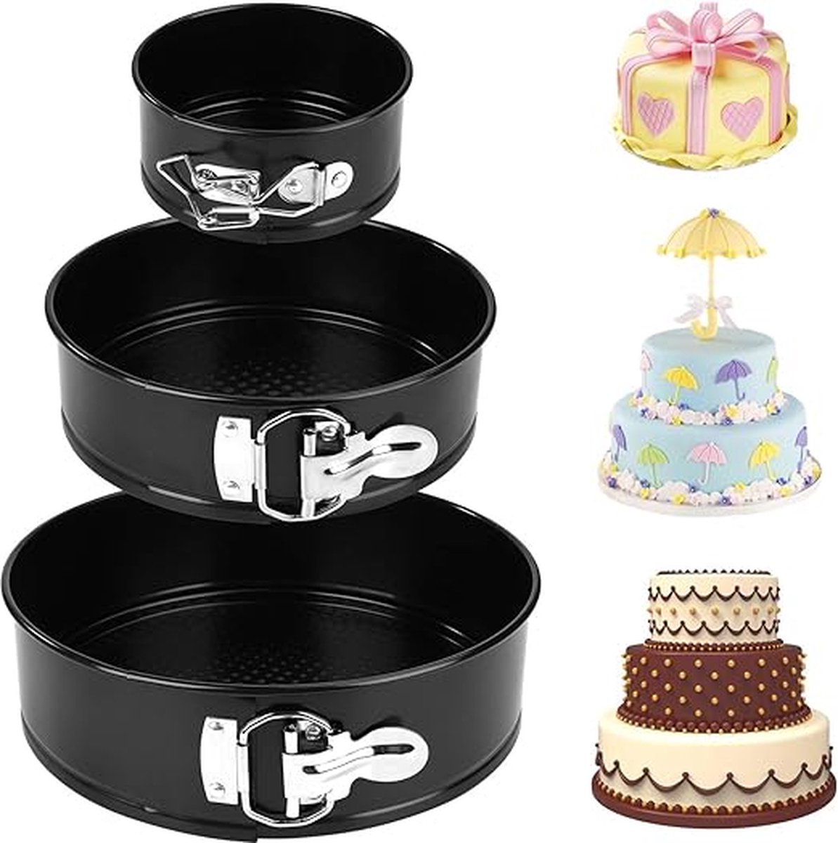 3 Pieces Non-Stick Open Cake Mould, Round for Black Carbon Steel Cake Mould, 10.2 cm, 18 cm and 22 cm