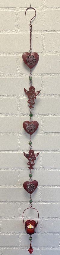 Deco theelichthouder "Kerst" met metalen ketting - Hart + Engel - rood koper kleurig - lengte 105 cm - exclusief theelicht - Woondecoratie - Theelichthouder - Feestversiering - Kerst