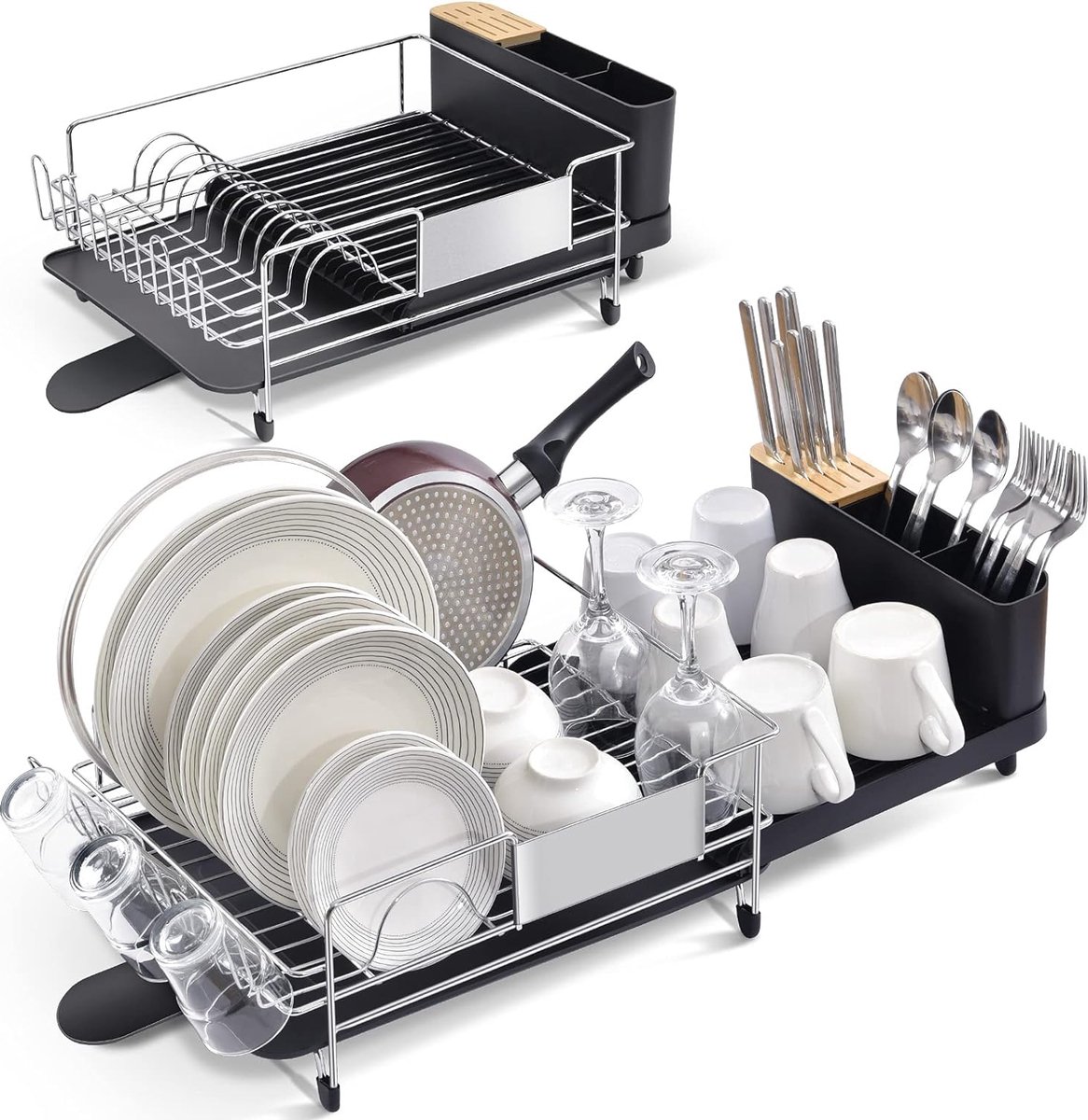 Goedkoopste Afdruiprek, roestvrij staal, uitbreidbaar, serviesrek met bestekhouder en afneembare glazen bekerhouder, verstelbare vaatdroger met 360 graden draaibare uitloop