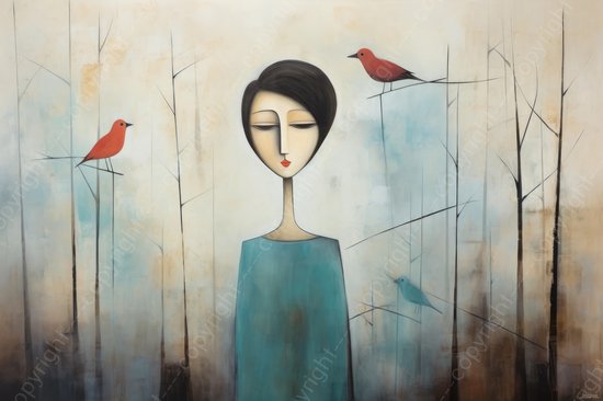 JJ-Art (Canvas) 150x100 | Vrouw met vogels, modern minimalisme, abstract, kunst | mens, portret, blauw bruin, oranje, wit | Foto-Schilderij canvas print (wanddecoratie)