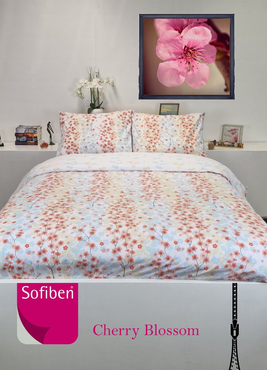 Sofiben - Budgetline - Cherry Blossom - dekbedovertrek met een doorlopende rits over 3 zijden - afm. 240 x 220 cm.