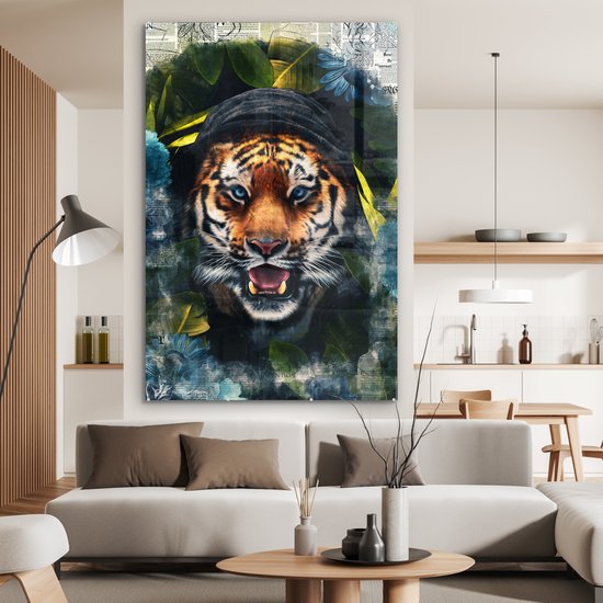 MuchoWow® Peinture sur verre 120x180 cm - Peinture sur verre - Tigre - Journal - Fleurs - Photo sur verre acrylique - Peintures