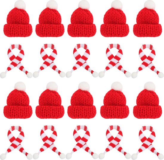 20 Pièces Mini Chapeaux De Noël Et Écharpes Tricotées - Bonnets Père Noël Pour Décoration Table, Bouteilles Vin & Cadeaux Festifs