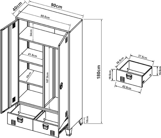 Armoire métallique Hankasalmi avec 2 tiroirs 180x90x40 cm noir