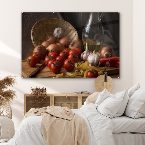 MuchoWow® Peinture sur verre 150x100 cm - Peinture sur verre acrylique - Planche à découper - Légumes - Nature morte - Pâtes - Off - Tomate - Planche à découper - Photo sur verre - Peintures