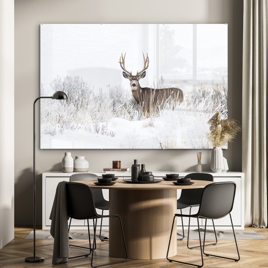 MuchoWow® Peinture sur Verre - Cerf - Hiver - Neige - Animaux - Saisons - Wit - 180x120 cm - Peintures sur Verre Acrylique - Photo sur Glas