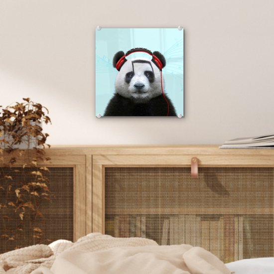 MuchoWow® Peinture sur verre 20x20 cm - Peinture sur verre acrylique - Panda - Casque - Animal - Notes de musique - Rouge - Photo sur verre - Peintures