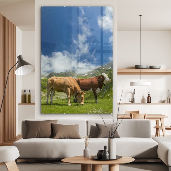 MuchoWow® Peinture sur verre 100x150 cm - Peinture sur verre acrylique - Vaches - Lumière - Alpes - Photo sur verre - Peintures