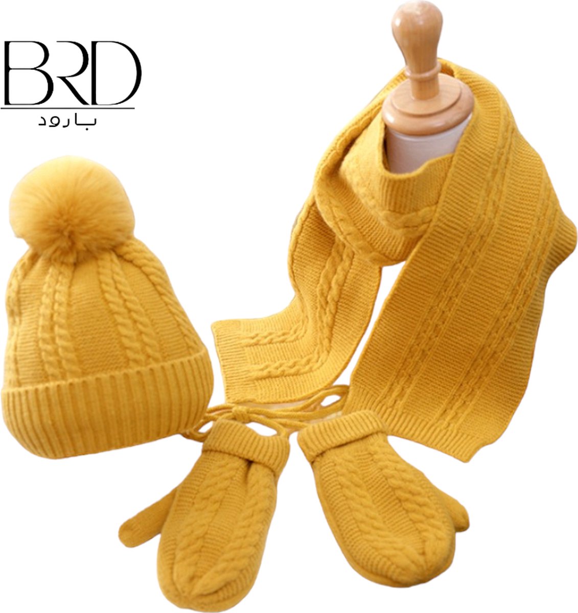 BRD Winter® set voor kinderen Geel - gevoerde muts, sjaal en handschoenen wanten met touw - kind winterset gebreid gevoerd met pompon - 3 delige set