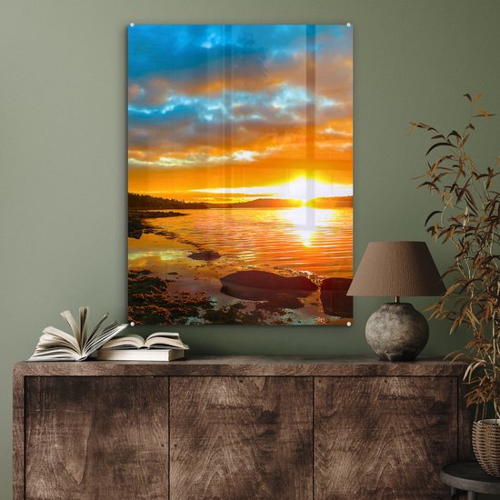 Peinture sur verre - Peinture sur verre - Coucher de soleil - Arbres - Mer - Photo sur verre - Décoration de chambre - Décoration murale nature - Verre acrylique - 60x80 cm - Peintures de salon