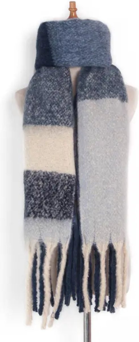 ASTRADAVI Winter Sjaals - Sjaal - Warme Dames Omslagdoek - Lange Tassel Sjaal 200x50 cm - Marineblauw, Lichtblauw, Wit