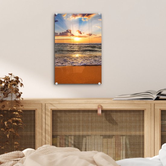Peinture sur verre - Photo sur verre - Coucher de soleil - Plage - Mer - Nuages ​​- Peinture de plage - Plaque acrylique - Décoration murale - Peinture sur Glas - Verre acrylique - 20x30 cm - Peintures de salon