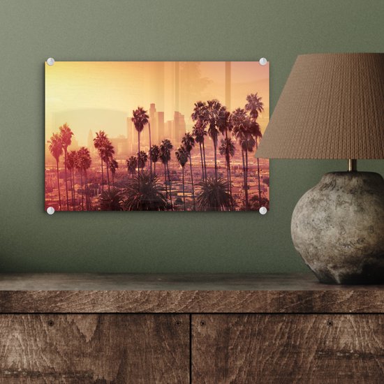 MuchoWow - Peinture sur verre - Photo sur verre - Palmier - Los Angeles - Skyline - Verre acrylique - 30x20 cm - Peinture sur verre ville - Peinture sur verre - Décoration murale - Peintures salon