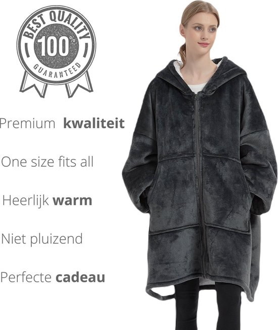 Q- Living Fleece Blanket With Sleeves - 1340 grammes - Couverture à capuche - Sweat à capuche surdimensionné - Couverture TV - Grijs avec fermeture éclair